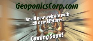 A graphic of electronic wires and tubes with text about GeoponicsCorp.com launching a new version of the website with new features coming soon