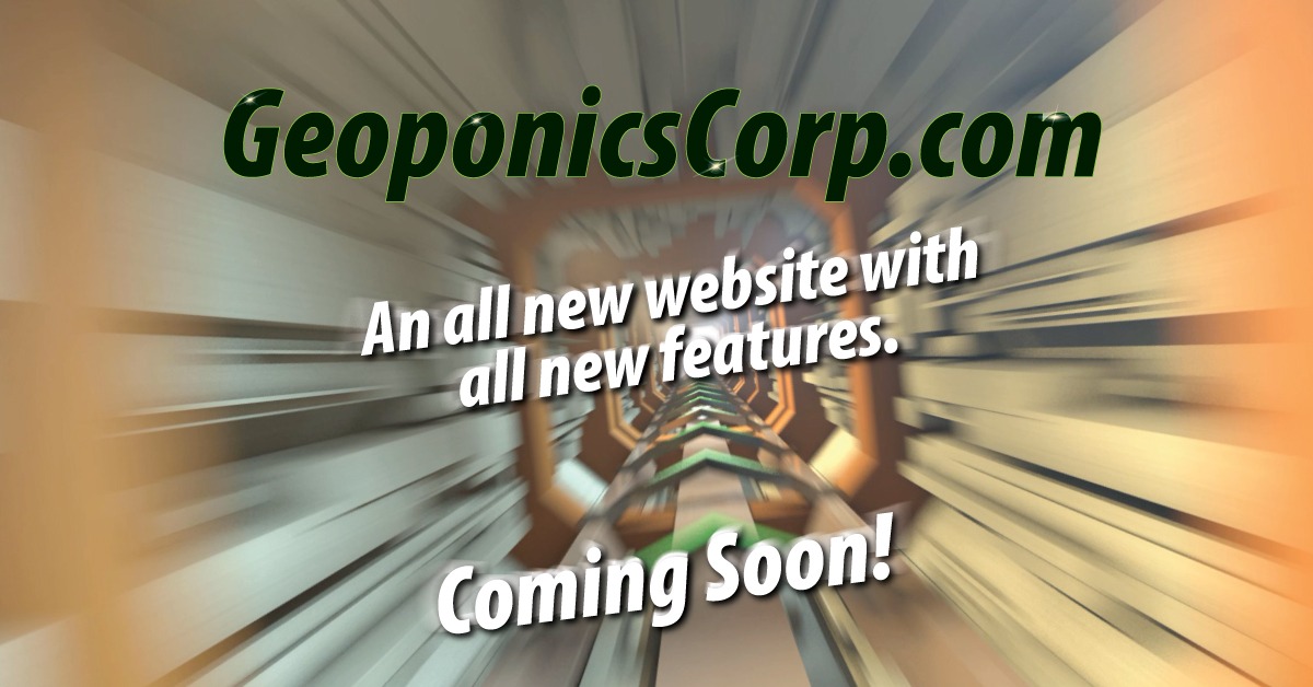 A graphic of electronic wires and tubes with text about GeoponicsCorp.com launching a new version of the website with new features coming soon